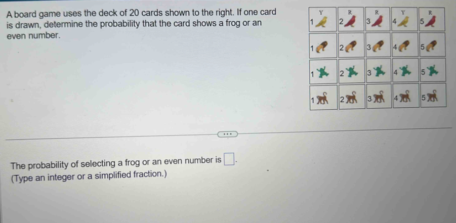 A board game uses the deck of 20 cards shown to the right. If one card 
is drawn, determine the probability that the card shows a frog or an 
even number. 
The probability of selecting a frog or an even number is □ . 
(Type an integer or a simplified fraction.)