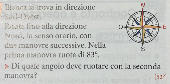 Bianca si trova in direzione 
Sud-Ovest. 
Ruota fino alla direzione 
Nord, in senso orario, con 
due manovre successive. Nella 
prima manovra ruota di 83°. 
Di quale angolo deve ruotare con la seconda 
manovra? [52°]