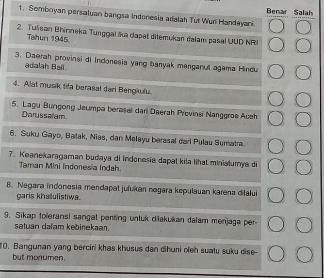 Benar Salah 
1. Semboyan persatuan bangsa Indonesia adalah Tut Wuri Handayani. 
2. Tulisan Bhinneka Tunggal Ika dapat ditemukan dalam pasal UUD NRI 
Tahun 1945. 
3. Daerah provinsi di Indonesia yang banyak menganut agama Hindu 
adalah Bali. 
4. Alat musik tifa berasal dari Bengkulu. 
5. Lagu Bungong Jeumpa berasal dari Daerah Provinsi Nanggroe Aceh 
Darussalam. 
6. Suku Gayo, Batak, Nias, dan Melayu berasal dari Pulau Sumatra. 
7. Keanekaragaman budaya di Indonesia dapat kita lihat miniaturnya di 
Taman Mini Indonesia Indah. 
8. Negara Indonesia mendapat julukan negara kepulauan karena dilalui 
garis khatulistiwa. 
9. Sikap toleransi sangat penting untuk dilakukan dalam menjaga per- 
satuan dalam kebinekaan. 
10. Bangunan yang berciri khas khusus dan dihuni oleh suatu suku dise- 
but monumen.