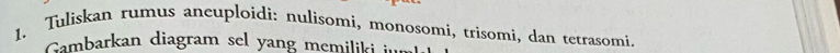 Tuliskan rumus aneuploidi: nulisomi, monosomi, trisomi, dan tetrasomi. 
Cambarkan diagram sel yang memiliki iur