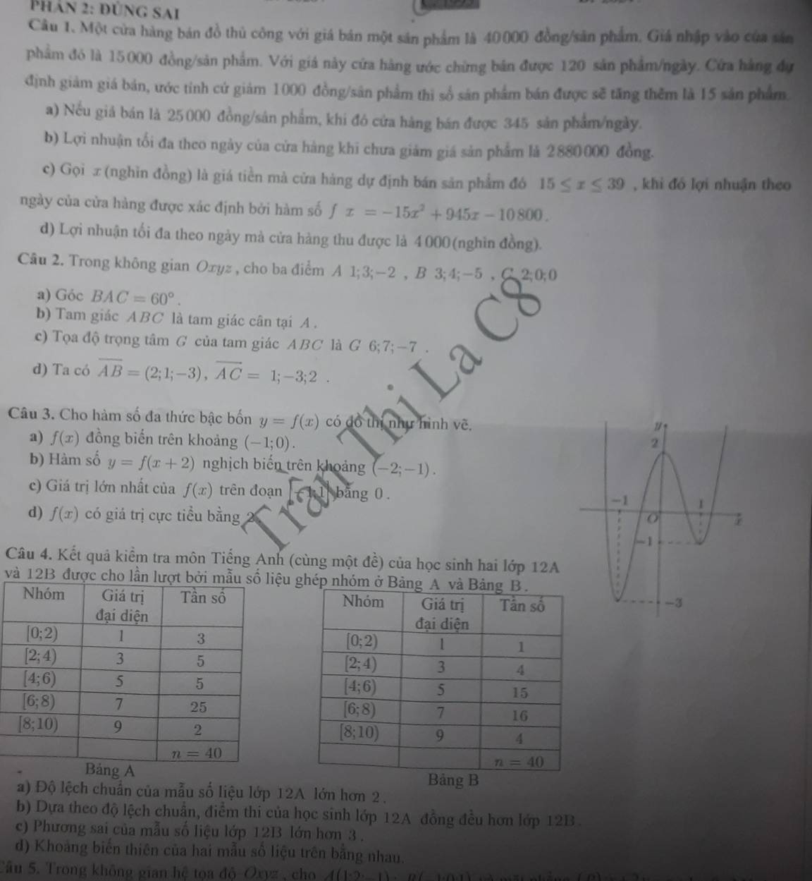 Phản 2: đùng sai
Cầu 1. Một cửa hàng bán đồ thủ công với giá bán một sản phẩm là 40000 đồng/sản phẩm, Giá nhập vào của sản
phẩm đó là 15000 đồng/sản phẩm. Với giá này cứa hàng ước chừng bản được 120 sản phẩm/ngày. Cứa hàng dự
định giảm giá bán, ước tinh cứ giảm 1000 đồng/sân phẩm thi số sản phẩm bán được sẽ tăng thêm là 15 sản phẩm.
a) Nếu giả bán là 25 000 đồng/sản phẩm, khi đó cửa hàng bán được 345 sản phẩm/ngày.
b) Lợi nhuận tối đa theo ngày của cửa hàng khi chưa giảm giá sản phẩm là 2880000 đồng.
c) Gọi π (nghìn đồng) là giá tiền mà cửa hàng dự định bán sản phẩm đó 15≤ x≤ 39 , khi đó lợi nhuận theo
ngày của cửa hàng được xác định bởi hàm số fx=-15x^2+945x-10800.
d) Lợi nhuận tối đa theo ngày mà cửa hàng thu được là 4 000 (nghìn đồng).
Câu 2. Trong không gian Oxyz , cho ba điểm A 1;3;-2 , B 3;4;-5 , C 2:0:0
a) Góc BAC=60°.
b) Tam giác ABC là tam giác cân tại A .
c) Tọa độ trọng tâm G của tam giác ABC là G 6;7;—7
d) Ta có overline AB=(2;1;-3),overline AC=1;-3;2.
Câu 3. Cho hàm số đa thức bậc bốn y=f(x) có đồ thị như hình vẽ,
a) f(x) đồng biến trên khoảng (-1;0).
b) Hàm số y=f(x+2) nghịch biến trên khoảng (-2;-1).
c) Giá trị lớn nhất của f(x) trên đoạn 1 bang 0. 
d) f(x) có giá trị cực tiểu bằng
Câu 4. Kết quả kiểm tra môn Tiếng Anh (cùng một đề) của học sinh hai lớp 12A
và 12B được cho lần u ghép nhóm ở
 
 
a) Độ lệch chuẩn của mẫu số liệu lớp 12A lớn hơn 2.
b) Dựa theo độ lệch chuẩn, điểm thi của học sinh lớp 12A đồng đều hơn lớp 12B
c) Phương sai của mẫu số liệu lớp 12B lớn hơn 3 .
d) Khoảng biến thiên của hai mẫu số liệu trên bằng nhau.
Câu 5. Trong không gian hệ tọa độ-Oxyz , cho (1.0,1)