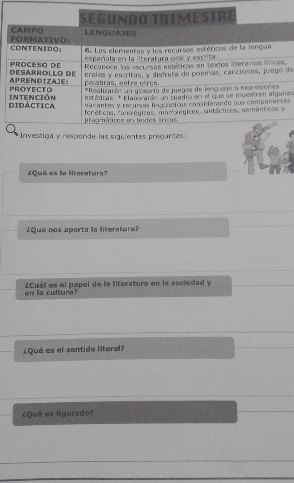 de 
as 
s 
¿Qué es la literatura? 
¿Que nos aporta la literatura? 
¿Cuál es el papel de la literatura en la sociedad y 
en la cultura? 
¿Qué es el sentido literal? 
¿Qué es figurado?