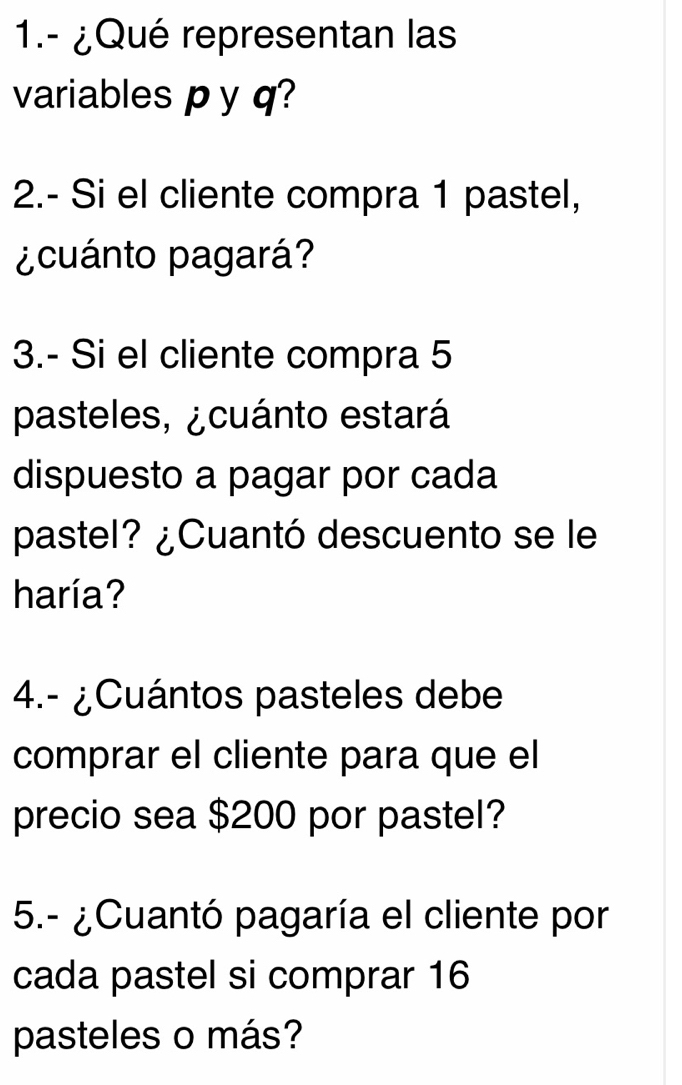 1.- ¿Qué representan las 
variables p y q? 
2.- Si el cliente compra 1 pastel, 
¿cuánto pagará? 
3.- Si el cliente compra 5
pasteles, ¿cuánto estará 
dispuesto a pagar por cada 
pastel? ¿Cuantó descuento se le 
haría? 
4.- ¿Cuántos pasteles debe 
comprar el cliente para que el 
precio sea $200 por pastel? 
5.- ¿Cuantó pagaría el cliente por 
cada pastel si comprar 16
pasteles o más?