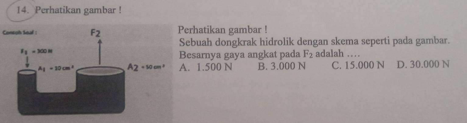 Perhatikan gambar !
Consoh Soal :rhatikan gambar !
buah dongkrak hidrolik dengan skema seperti pada gambar.
adalah …
esarnya gaya angkat pada F_2
1.500 N B. 3.000 N C. 15.000 N D. 30.000 N