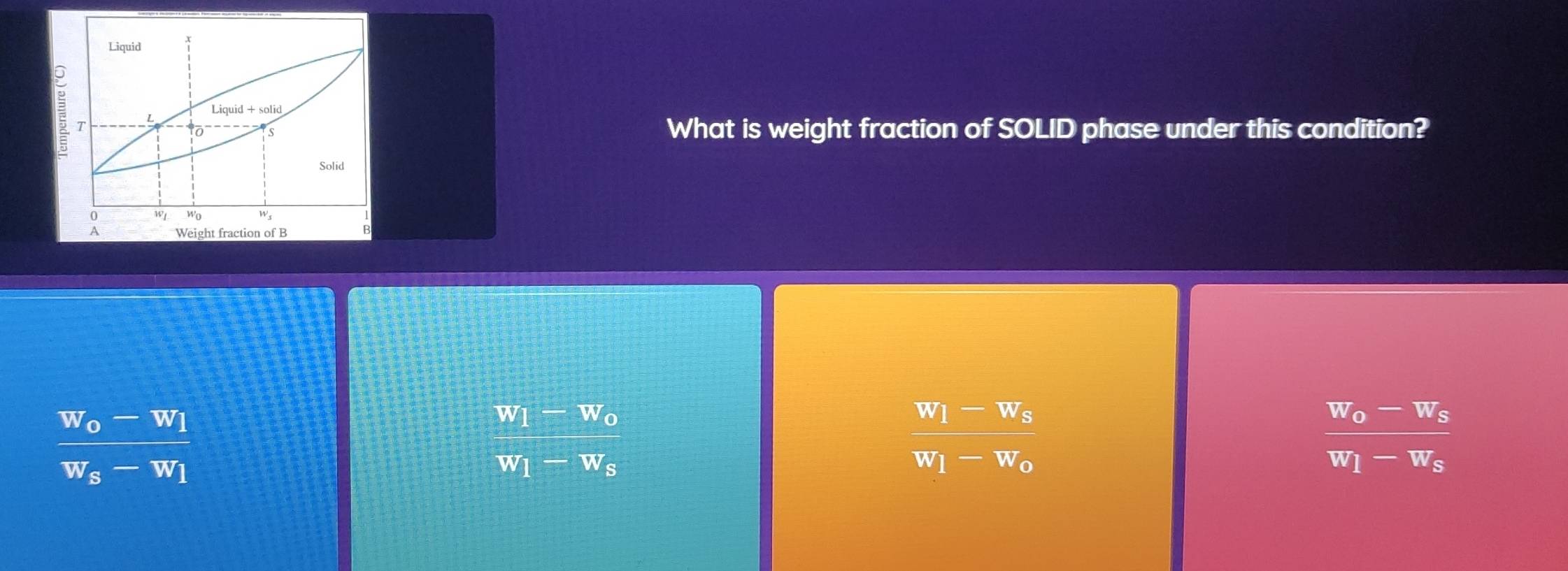 Liquid
T L
o S
What is weight fraction of SOLID phase under this condition?
Solid
0 W1 wo
A Weight fraction of B B
frac w_o-w_lw_s-w_l
frac w_1-w_ow_1-w_s
overline w_1-overline w_s
overline w_l-overline w_o
frac w_o-w_sw_l-w_s