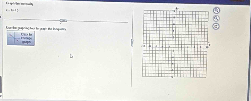 Graph the inequality
x-7y≤ 0
a 
a 
. . . 
Use the graphing tool to graph the inequality 
Click to 
entarge 
graph