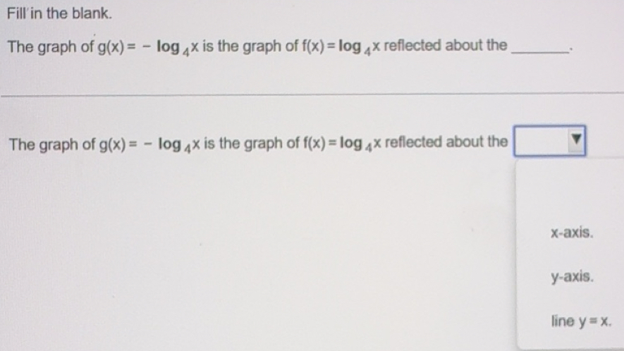 Solved: Fill in the blank. The graph of g(x)=-log _4x is the graph of f ...