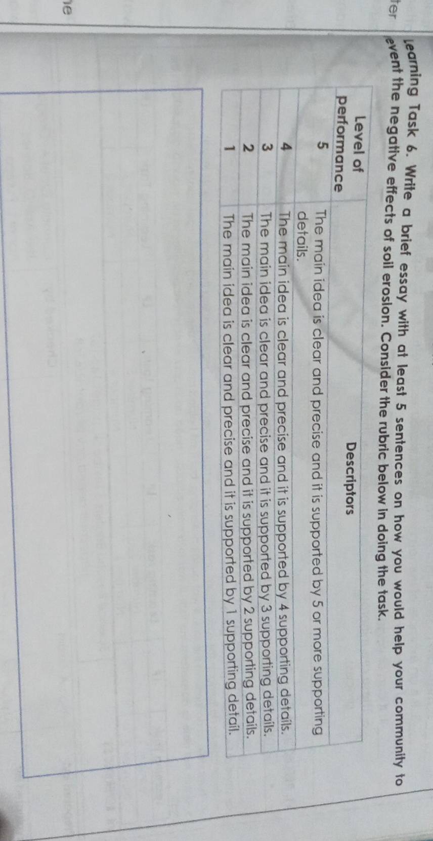 Learning Task 6. Write a brief essay with at least 5 sentences on how you would help your community to 
ter event the negative effects of soil erosion. Consider the rubric below in doing the task. 
1e