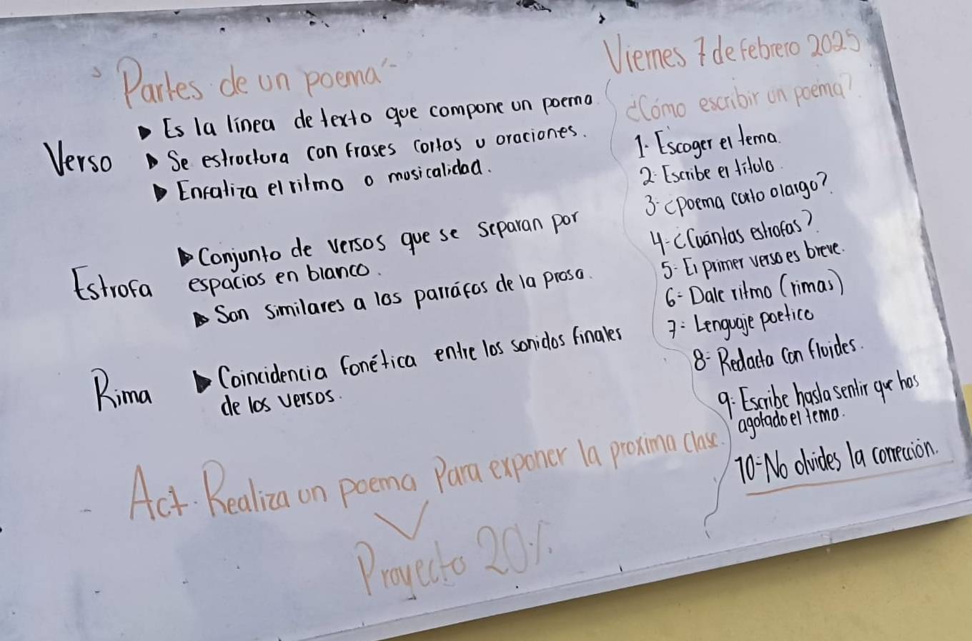 Parles de on poema Viemes I defebero 2025 
Is la linea de texto goe compone un poema domo excrbir on poema? 
Verso Se estroctura con frases corras v oraciones. 
1. Escoger ei tema 
Enraliza elrilmo o mosicalidad. 
2 Escribe e fifolo 
Conjonto de versos goe se separan por 3: (poema calo olargo? 
4. CCuanlas eshofas? 
Estrofa espacios en blanco. 
Son Similares a las parrafos de 1a proso 5. [i primer versoes breve. 
6- Dale ritmo (limas ) 
Rima Coincidencia fonefica entre los sonidos finales : Lenguage poefico 
8: Redacta can floides. 
de los versos. 
9: Escribe hasla senlir gor hos 
Act Bealica on poema Para exponor la porna cne agotadoel temo. 
10. No olvides 1a comecion 
Proyecto 201.