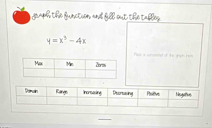 graph the function and fill out the tableg.
y=x^3-4x
Place a screenshot of the graph hero
