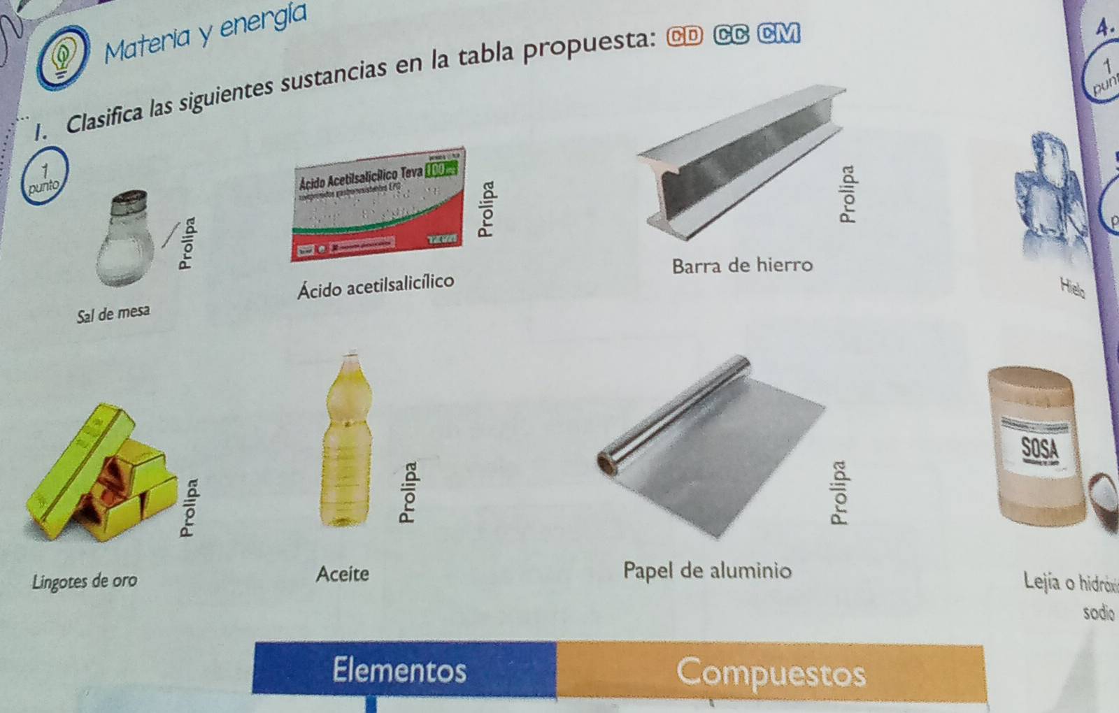 Materia y energía 
1. Clasifica las siguientes sustancias en la tabla propuesta: ©Γ εа См 
4. 
1 
pun 
1 
punto 
Ácido Acetilsalicílico Teva 


Barra de hierro 
Ácido acetilsalicílico 
Sal de mesa 

SOSA 


Aceite 
Papel de aluminio Leía o hidrón 
sodio 
Elementos Compuestos