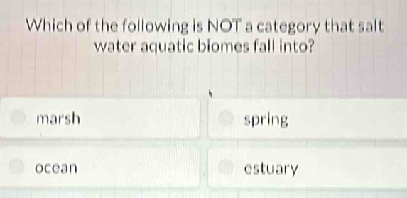 Which of the following is NOT a category that salt
water aquatic biomes fall into?
marsh spring
ocean estuary