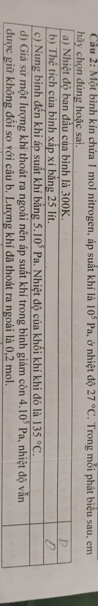 Một bình kín chứa 1 mol nitrogen, áp suất khí là 10^5Pa 1, ở nhiệt độ 27°C. Trong mỗi phát biểu sau, em