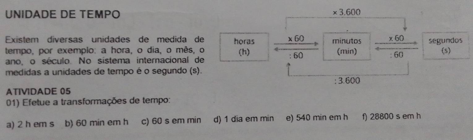 UNIDADE DE TEMPO
* 3.600
Existem diversas unidades de medida de horas minutos frac beginarrayr □  * 60endarray 40 segundos 
tempo, por exemplo: a hora, o dia, o mês, o (h) (min) (s) 
ano, o século. No sistema internacional de 
: 60 
medidas a unidades de tempo é o segundo (s). 
: 3.600
ATIVIDADE 05 
01) Efetue a transformações de tempo: 
a) 2 h em s b) 60 min em h c) 60 s em min d) 1 dia em min e) 540 min em h f) 28800 s em h