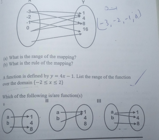 What is the range of the mapping? 
(b) What is the rule of the mapping? 
A function is defined by y=4x-1. List the range of the function 
over the domain  -2≤ x≤ 2
Which of the following is/are function(s) 
Ⅲ 
1