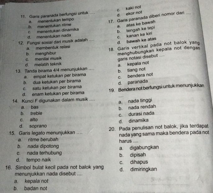 Garis paranada berfungsi untuk ....
d. ekor not c. kaki not
a. menentukan tempo
17. Garis paranada diberi nomor dari ....
b. menentukan ritme
a. atas ke bawah
c. menentukan dinamika
b. tengah ke tepi
d. menentukan nada
c. kanan ke kiri
d. bawah ke atas
12. Fungsi sosial dari musik adalah ..
18. Garis vertikal pada not balok yang
a. membentuk relasi
b. menghibur
menghubungkan kepala not dengan
c. menilai musik
13. Tanda birama 4/4 menunjukkan ... a. kepala not garis notasi disebut ....
d. melatih teknik
a. empat ketukan per birama b. tiang not
c. bendera not
b. dua ketukan per birama
c. satu ketukan per birama d. paranada
d. enam ketukan per birama 19. Bendera not berfungsi untuk menunjukkan
..
14. Kunci F digunakan dalam musik ....
a. nada tinggi
a. bas
b. nada rendah
b. treble
c. durasi nada
c. alto
d. dinamika
d. soprano
15. Garis legato menunjukkan .... 20. Pada penulisan not balok, jika terdapat
nada yang sama maka bendera pada not
a. ritme berubah harus ....
b. nada dipotong
c. nada terhubung a. digabungkan
b. dipisah
d. tempo naik c. dihapus
16. Simbol bulat kecil pada not balok yang d. dimiringkan
menunjukkan nada disebut ....
a. kepala not
b. badan not