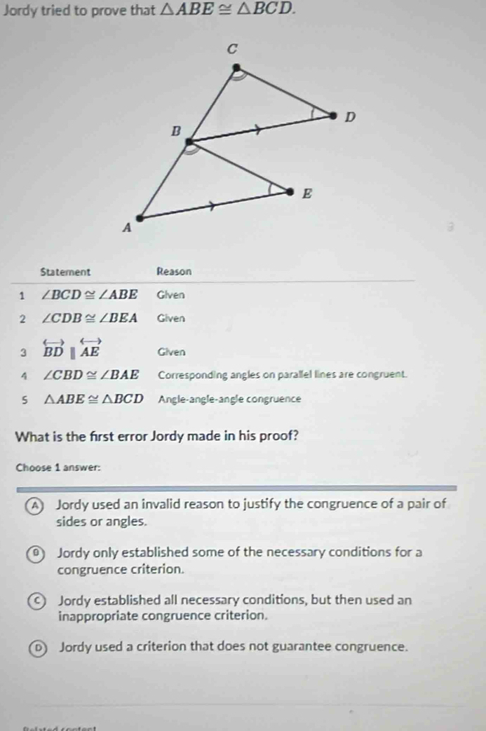 Jordy tried to prove that △ ABE≌ △ BCD. 
Statement Reason
1 ∠ BCD≌ ∠ ABE Glven
2 ∠ CDB≌ ∠ BEA Given
3 overleftrightarrow BD|overleftrightarrow AE Given
A ∠ CBD≌ ∠ BAE Corresponding angles on parallel lines are congruent.
△ ABE≌ △ BCD Angle-angle-angle congruence
What is the first error Jordy made in his proof?
Choose 1 answer:
A Jordy used an invalid reason to justify the congruence of a pair of
sides or angles.
Jordy only established some of the necessary conditions for a
congruence criterion.
C) Jordy established all necessary conditions, but then used an
inappropriate congruence criterion.
Jordy used a criterion that does not guarantee congruence.