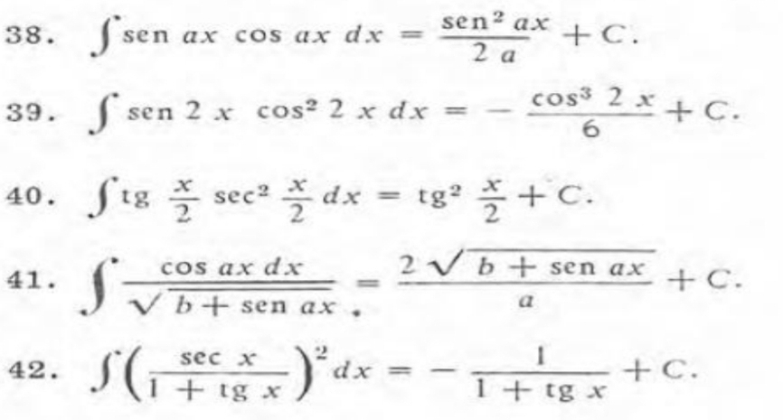 ∈t senaxcos axdx= sen^2ax/2a +C. 
39. ∈t sen 2xcos^22xdx=- cos^32x/6 +C. 
40. ∈t tg x/2 sec^2 x/2 dx=tg^2 x/2 +C. 
41. ∈t  cos axdx/sqrt(b+sen ax) = (2sqrt(b+sen ax))/a +C. 
42. ∈t ( sec x/1+tg x )^2dx=- 1/1+tg x +C.