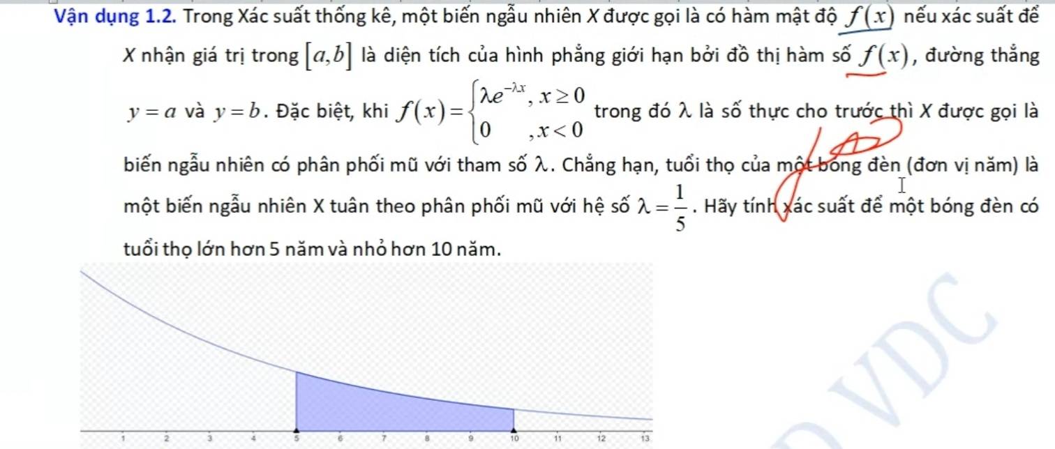 Vận dụng 1.2. Trong Xác suất thống kê, một biến ngẫu nhiên X được gọi là có hàm mật độ f(x) nếu xác suất để 
X nhận giá trị trong [a,b] là diện tích của hình phẳng giới hạn bởi đồ thị hàm số f(x) , đường thẳng
y=a và y=b. Đặc biệt, khi f(x)=beginarrayl lambda e^(-lambda x),x≥ 0 0,x<0endarray. trong đó λ là số thực cho trước thì X được gọi là 
biến ngẫu nhiên có phân phối mũ với tham số λ. Chẳng hạn, tuổi thọ của một bóng đèn (đơn vị năm) là 
một biến ngẫu nhiên X tuân theo phân phối mũ với hệ số lambda = 1/5 . Hãy * tính xác suất để một bóng đèn có 
tuổi thọ lớn hơn 5 năm và nhỏ hơn 10 năm.
1 2 3 4 5 6 7 B 9 10 i 12 13