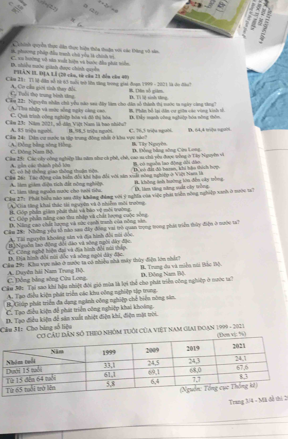 5
Au chính quyền thực dân thực hiện thỏa thuận với các Đảng vô sản.
B. phương pháp đầu tranh chà yểu là chính trị
C. xu hướng vô sản xuất hiện và bước đầu phát triển.
D. nhiều nước giành được chính quyền
PHÀN II. ĐỊA LÍ (20 câu, từ câu 21 đến câu 40)
Câu 21: Tỉ lệ dân số từ 65 tuổi trở lên tăng trong giai đoạn 1999 - 2021 là do đâu?
A, Cơ cầu giới tính thay đổi. B. Dân số giảm.
C. Tuổi thọ trung bình tăng. D. Tī lệ sinh tăng.
Cầu 22: Nguyên nhân chủ yểu nào sau dây làm cho dân số thành thị nước ta ngày cảng tăng?
A Thu nhập và mức sống ngày càng cao. B. Phân bố lại dân cư giữn các vùng kinh tế.
C. Quá trình công nghiệp hóa và đô thị hóa. D. Đầy mạnh công nghiệp hóa nông thôn.
Câu 23: Năm 2021, số dân Việt Nam là bao nhiêu?
A. 85 triệu người. B. 98,5 triệu người. C. 76,5 triệu người. D. 64,4 triệu người.
Câu 24: Dân cư nước ta tập trung đông nhất ở khu vực nào?
A. Đồng bằng sông Hồng. B. Tây Nguyên.
C. Đông Nam Bộ. D. Đồng bằng sông Cửu Long.
Câu 25: Các cây công nghiệp lâu năm như cà phê, chẻ, cao su chủ yểu được trồng ở Tây Nguyên viì
A. gần các thành phố lớn B. có nguồn lao động dổi dào.
C. có hệ thống giao thông thuận tiện. D, có đất đỏ bazan, khí hậu thích hợp.
Câu 26: Tác động của biển đối khí hậu đối với sản xuất nông nghiệp ở Việt Nam là
A. làm giảm diện tích đát nông nghiệp. B. không ảnh hưởng lớn đến cây trồng.
C. làm tăng nguồn nước cho tưới tiêu. D. làm tăng năng suất cây trồng,
Câu 27: Phát biểu nào sau đây không đúng với ý nghĩa của việc phát triển nông nghiệp xanh ở nước ta?
A. Gia tăng khai thác tài nguyên và ô nhiễm môi trường.
B. Góp phần giảm phát thải và bảo vệ môi trường.
C. Góp phần nâng cao thu nhập và chất lượng cuộc sống.
D. Nâng cao chất lượng và sức cạnh tranh của nông sản.
Câu 28: Những yếu tố nào sau đây đồng vai trò quan trọng trong phát triển thủy điện ở nước ta?
A. Tài nguyên khoáng sản và địa hình đổi núi dốc.
Bộ Nguồn lao động dổi dào và sông ngòi dày đặc.
C. Công nghệ hiện đại và địa hình đổi núi thấp.
D. Địa hình đổi núi dốc và sông ngòi dày đặc.
Câu 29: Khu vực nào ở nước ta có nhiều nhà máy thủy điện lớn nhất?
A. Duyên hải Nam Trung Bộ.  B. Trung du và miền núi Bắc Bộ.
C. Đồng bằng sông Cửu Long. D. Đông Nam Bộ.
Câu 30: Tại sao khí hậu nhiệt đới gió mùa là lợi thể cho phát triển công nghiệp ở nước ta?
A. Tạo điều kiện phát triển các khu công nghiệp tập trung.
B. Giúp phát triển đa dạng ngành công nghiệp chế biến nông sản.
C. Tạo điều kiện để phát triển công nghiệp khai khoáng.
D. Tạo điều kiện đễ sản xuất nhiệt điện khí, điện mặt trời.
Câu 31: Cho bảng số liệu
CầU DÂN SÓ THEO NHÓM TUÔI CủA VIỆT NAM GIAI ĐOẠN 1999 - 2021
(Đơn vị: %)
Trang 3/4 - Mã 2