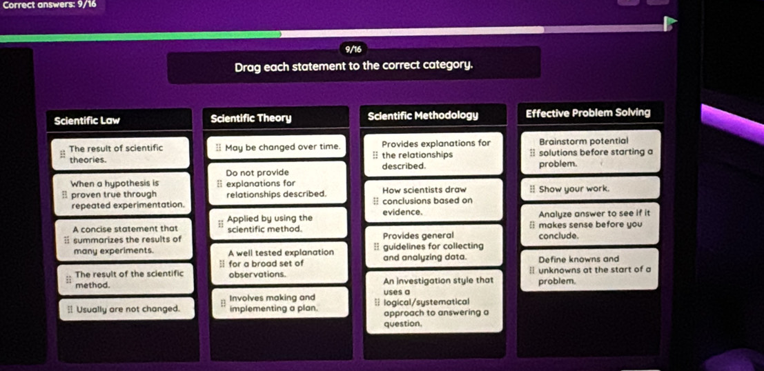 Correct answers: 9/16
9/16
Drag each statement to the correct category.
Scientific Law Scientific Theory Scientific Methodology Effective Problem Solving
The result of scientific  May be changed over time. Provides explanations for Brainstorm potential
theories. = the relationships = solutions before starting a
Do not provide described. problem.
When a hypothesis is =: explanations for
proven true through relationships described. How scientists draw : Show your work.
repeated experimentation. conclusions based on
Applied by using the evidence. Analyze answer to see if it
A concise statement that scientific method.  makes sense before you
summarizes the results of Provides general conclude.
many experiments. A well tested explanation : guidelines for collecting
; for a broad set of and analyzing data. Define knowns and
The result of the scientific observations.  unknowns at the start of a
method. An investigation style that problem.
Involves making and uses a
: Usually are not changed. implementing a plan. == logical/systematical
approach to answering a
question.