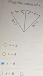 Find the value of x.
x=2
x=4
x=6
x=8