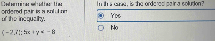 Determine whether the In this case, is the ordered pair a solution?
ordered pair is a solution
of the inequality.
Yes
No
(-2,7);5x+y