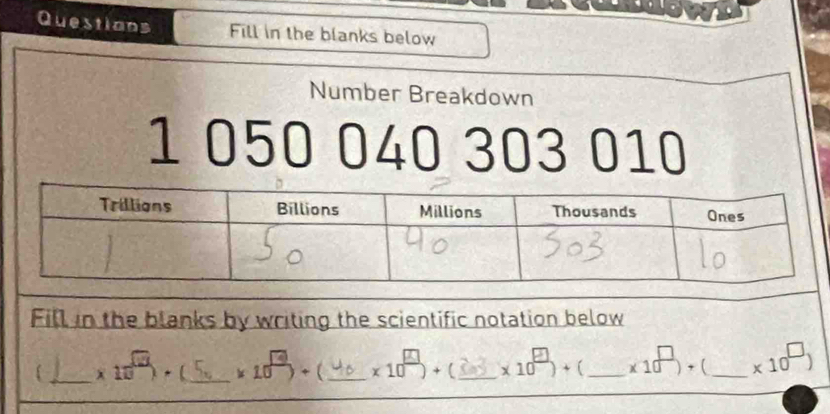 Questions Fill in the blanks below 
Number Breakdown
1 050 040 303 010 
Fill in the blanks by writing the scientific notation below 
_ * 10^(sqrt(□)), _ * 10^(frac 10))+ I _ x10^(to))+ 【 _ x10^(frac □)□ + C _ x10^(□), _ * 10^(□))