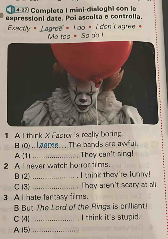 4-27 Completa i mini-dialoghi con le 
espressioni date. Poi ascolta e controlla. 
Exactly • Lagree • I do • I don't agree 。 
Me too • So do I 
1 A I think X Factor is really boring. 
B (0) ..!.agree.. . The bands are awful. 
A (1) _They can't sing! 
2 A I never watch horror films. 
B (2) _I think they're funny! 
C (3) _They aren't scary at all. 
3 A I hate fantasy films. 
B But The Lord of the Rings is brilliant! 
C (4) _I think it's stupid. 
A (5)_