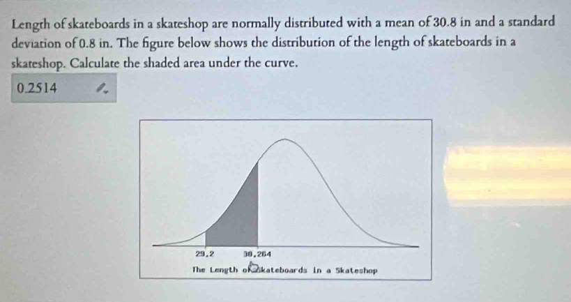 Length of skateboards in a skateshop are normally distributed with a mean of 30.8 in and a standard 
deviation of 0.8 in. The figure below shows the distribution of the length of skateboards in a 
skateshop. Calculate the shaded area under the curve.
0.2514