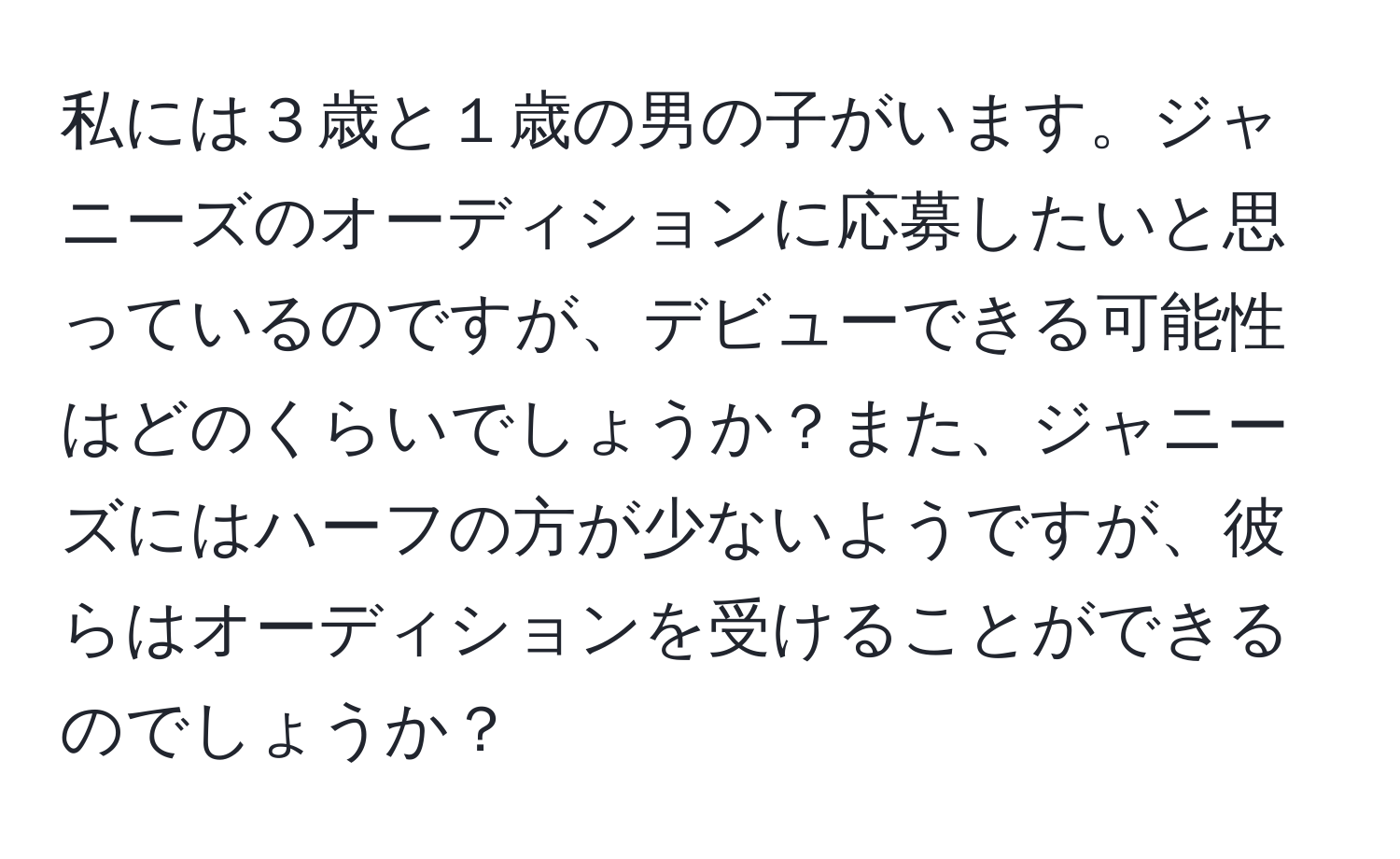 私には３歳と１歳の男の子がいます。ジャニーズのオーディションに応募したいと思っているのですが、デビューできる可能性はどのくらいでしょうか？また、ジャニーズにはハーフの方が少ないようですが、彼らはオーディションを受けることができるのでしょうか？