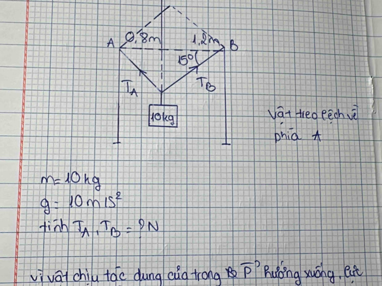 vat teo eech vè
phià A
m=10kg
g=10m/s^2
finh T_A,T_B=?N
ivāt chiu tǎc dung cug trong overline P Ruloing xuōng, est