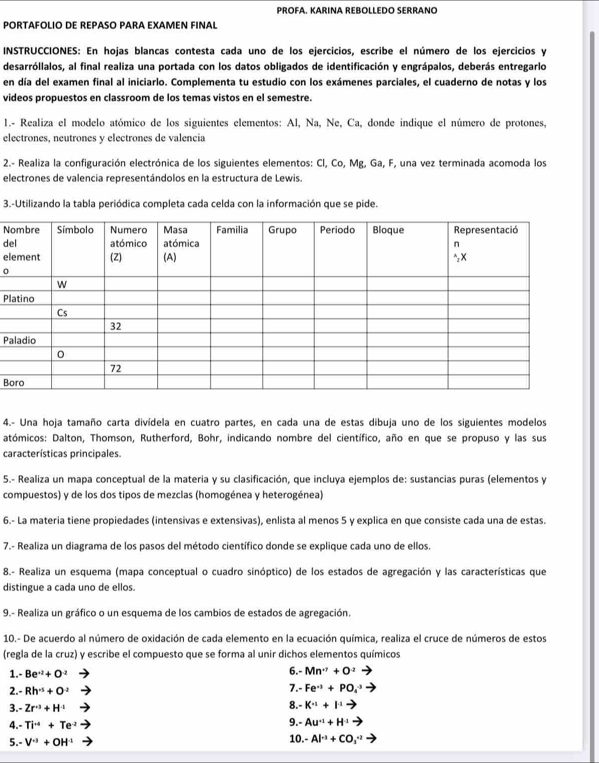 PROFA. KARINA REBOLLEDO SERRANO
PORTAFOLIO DE REPASO PARA EXAMEN FINAL
INSTRUCCIONES: En hojas blancas contesta cada uno de los ejercicios, escribe el número de los ejercicios y
desarróllalos, al final realiza una portada con los datos obligados de identificación y engrápalos, deberás entregarlo
en día del examen final al iniciarlo. Complementa tu estudio con los exámenes parciales, el cuaderno de notas y los
videos propuestos en classroom de los temas vistos en el semestre.
1.- Realiza el modelo atómico de los siguientes elementos: Al, Na, Ne, Ca, donde indique el número de protones,
electrones, neutrones y electrones de valencia
2.- Realiza la configuración electrónica de los siguientes elementos: Cl, Co, Mg, Ga, F, una vez terminada acomoda los
electrones de valencia representándolos en la estructura de Lewis.
3.-Utilizando la tabla periódica completa cada celda con la información que se pide.
N
d
el
。
Pl
Pa
B
4.- Una hoja tamaño carta divídela en cuatro partes, en cada una de estas dibuja uno de los siguientes modelos
atómicos: Dalton, Thomson, Rutherford, Bohr, indicando nombre del científico, año en que se propuso y las sus
características principales.
5.- Realiza un mapa conceptual de la materia y su clasificación, que incluya ejemplos de: sustancias puras (elementos y
compuestos) y de los dos tipos de mezclas (homogénea y heterogénea)
6.- La materia tiene propiedades (intensivas e extensivas), enlista al menos 5 y explica en que consiste cada una de estas.
7.- Realiza un diagrama de los pasos del método científico donde se explique cada uno de ellos.
8.- Realiza un esquema (mapa conceptual o cuadro sinóptico) de los estados de agregación y las características que
distingue a cada uno de ellos.
9.- Realiza un gráfico o un esquema de los cambios de estados de agregación.
10.- De acuerdo al número de oxidación de cada elemento en la ecuación química, realiza el cruce de números de estos
(regla de la cruz) y escribe el compuesto que se forma al unir dichos elementos químicos
1.- Be^(+2)+O^(-2) 6.- Mn^(+7)+O^(-2)
2.- Rh^(+5)+O^(-2)- 7.- Fe^(+3)+PO_4^((-3)
3.- Zr^+3)+H^(-1) □
8.- K^(+1)+|^-1to
4.- Ti^(+4)+Te^(-2)= 9.- Au^(+1)+H^(-1)to
5.- V^(+3)+OH^(-1)
10.- Al^(+3)+CO_3^(+2)to