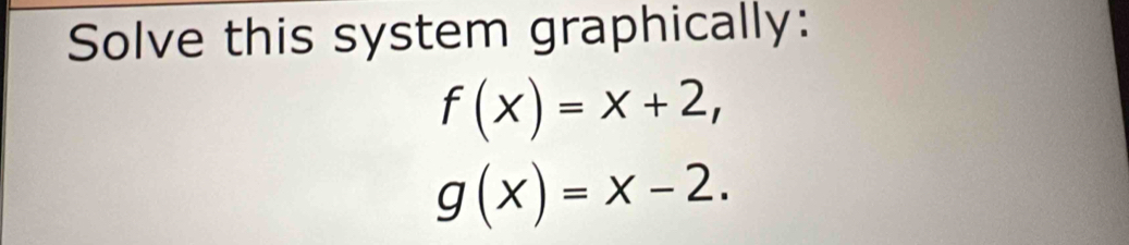 Solve this system graphically:
f(x)=x+2,
g(x)=x-2.