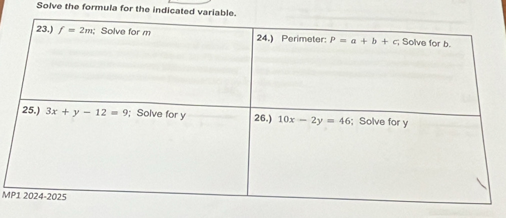 Solve the formula for the indicated variable.
M