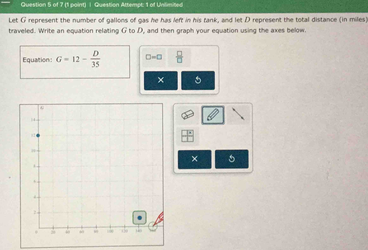 Question Attempt: 1 of Unlimited 
Let G represent the number of gallons of gas he has left in his tank, and let D represent the total distance (in miles) 
traveled. Write an equation relating G to D, and then graph your equation using the axes below. 
Equation: G=12- D/35 
□ =□  □ /□  
× 
x 
×