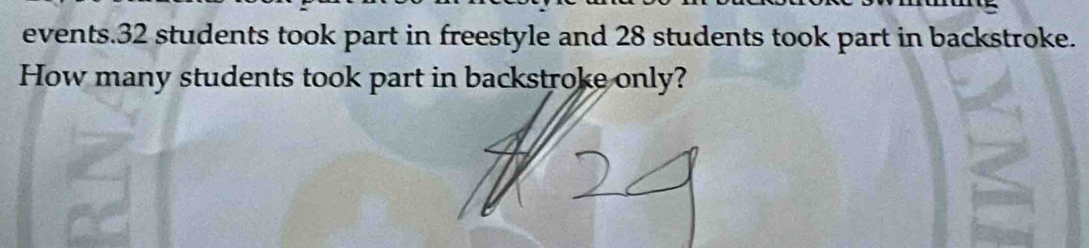 events. 32 students took part in freestyle and 28 students took part in backstroke. 
How many students took part in backstroke only?