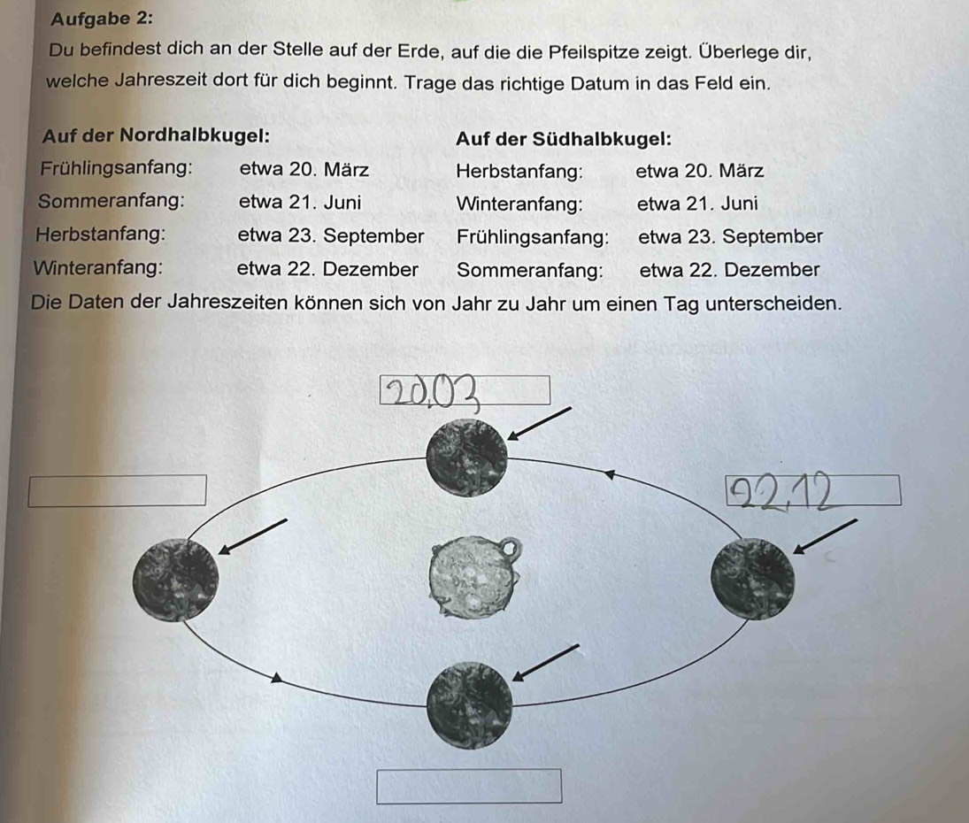 Aufgabe 2: 
Du befindest dich an der Stelle auf der Erde, auf die die Pfeilspitze zeigt. Überlege dir, 
welche Jahreszeit dort für dich beginnt. Trage das richtige Datum in das Feld ein. 
Auf der Nordhalbkugel: Auf der Südhalbkugel: 
Frühlingsanfang: etwa 20. März Herbstanfang: etwa 20. März 
Sommeranfang: etwa 21. Juni Winteranfang: etwa 21. Juni 
Herbstanfang: etwa 23. September Frühlingsanfang: etwa 23. September 
Winteranfang: etwa 22. Dezember Sommeranfang: etwa 22. Dezember 
Die Daten der Jahreszeiten können sich von Jahr zu Jahr um einen Tag unterscheiden.