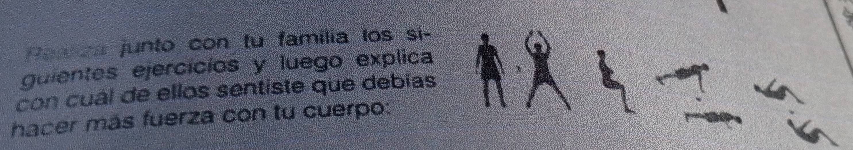 Paarza junto con tu família los si- 
guientes ejercícios y luego explica 
con cuál de ellos sentiste que debías 
hacer más fuerza con tu cuerpo: