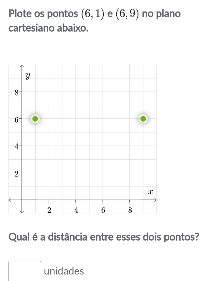 Plote os pontos (6,1) e (6,9) no plano 
cartesiano abaixo. 
Qual é a distância entre esses dois pontos? 
□ unidades