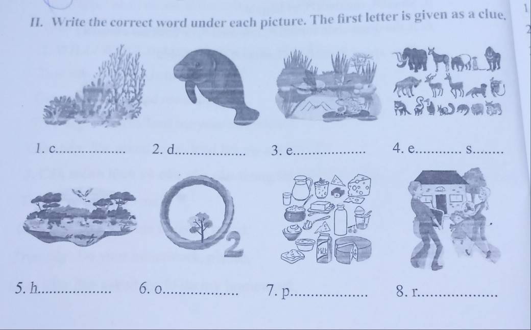 Write the correct word under each picture. The first letter is given as a clue, 
9 
1. c._ 2. d_ 3. e_ 4. e_ S_ 
5. h._ 6. o _ _8. r._ 
7. p