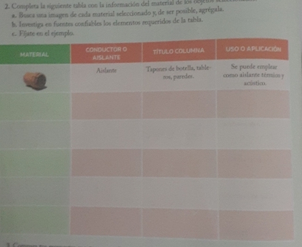 Completa la siguiente tabla con la información del material de los objelo s 
a. Busca una imagen de cada material seleccionado y, de ser posible, agrégala. 
b. Investiga en fuentes confiables los elementos requeridos de la tabla.