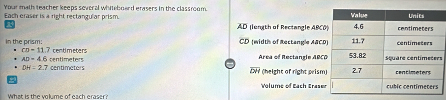 Your math teacher keeps several whiteboard erasers in the classroom.
Each eraser is a right rectangular prism.
overline AD (length of Rectangle ABCD
overline CD
In the prism: (width of Rectangle ABCD
CD=11.7 r entimeters Area of Rectangle ABC
AD=4.6 centimeters s
DH=2.7 centimeters
overline DH (height of right prism
21
Volume of Each Erase
What is the volume of each eraser?