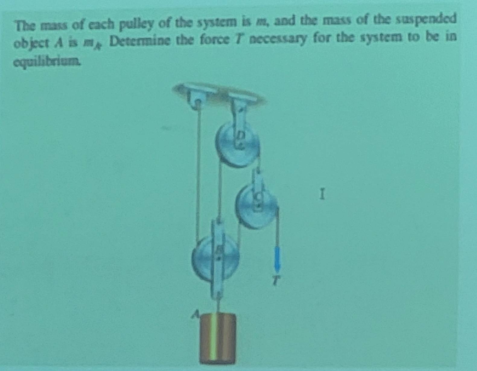 The mass of each pulley of the system is m, and the mass of the suspended 
object A is m_A Determine the force 7 necessary for the system to be in 
equilibrium.