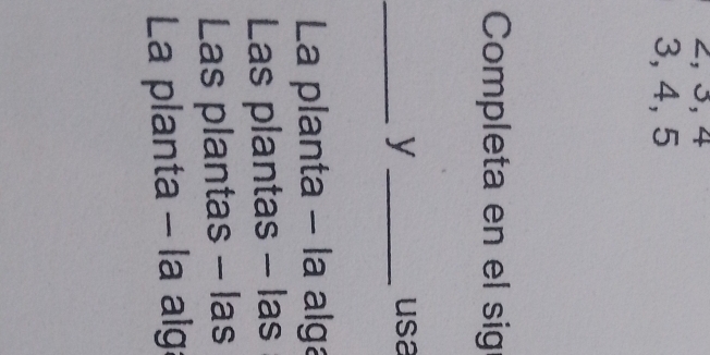 2, 5, 4
3, 4, 5
Completa en el sig
_y _usa
La planta - la alga
Las plantas - las
Las plantas - las
La planta - la alg: