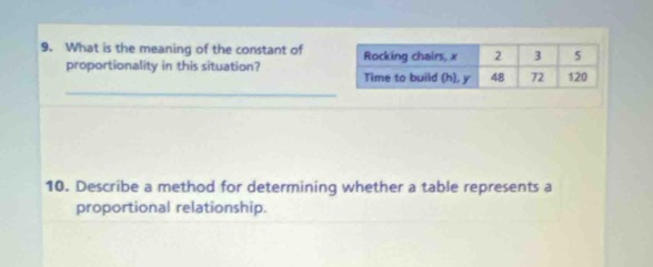 What is the meaning of the constant of 
proportionality in this situation? 
_ 
10. Describe a method for determining whether a table represents a 
proportional relationship.