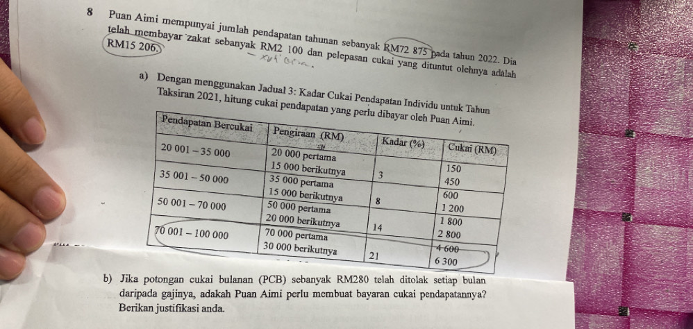 Puan Aimi mempunyai jumlah pendapatan tahunan sebanyak RM72 875 pada tahun 2022. Dia
RM15 206. 
telah membayar zakat sebanyak RM2 100 dan pelepasan cukai yang dituntut olehnya adálah 
a) Dengan menggunakan Jadual 3: Kadar Cukai Pendapatan Ind 
Taksiran 2021, hitung cukai 
b) Jika potongan cukai bulanan (PCB) sebanyak RM280 telah ditolak setiap bulan 
daripada gajinya, adakah Puan Aimi perlu membuat bayaran cukai pendapatannya? 
Berikan justifikasi anda.