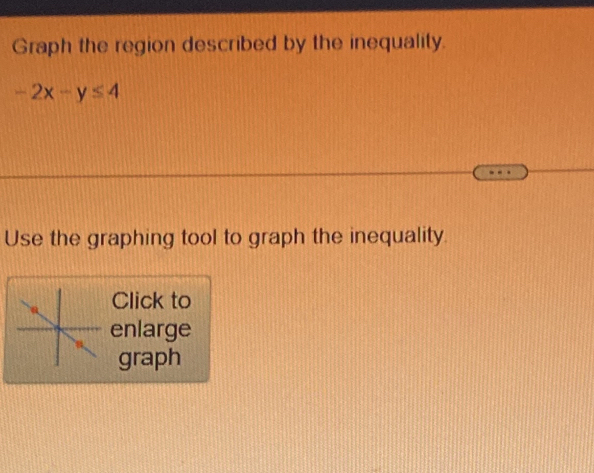 Graph the region described by the inequality.
-2x-y≤ 4
Use the graphing tool to graph the inequality. 
Click to 
enlarge 
graph