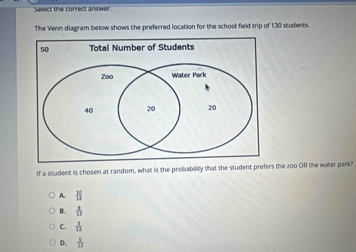 Select the correct answer.
The Venn diagram below shows the preferred location for the school field trip of 130 students.
If a student is chosen at random, what is the probability that the student prefers the zoo OR the water park?
A.  10/13 
B.  8/13 
C.  3/13 
D.  5/13 