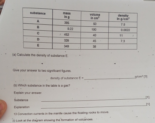 Calculate the density of substance E.
Give your answer to two significant figures.
density of substance E= _
g/cm^3[3
(b) Which substance in the table is a gas?
Explain your answer.
Substance _[1]
_
[1]
Explanation
13 Convection currents in the mantle cause the floating rocks to move.
(I) Look at the diagram showing the formation of volcanoes.